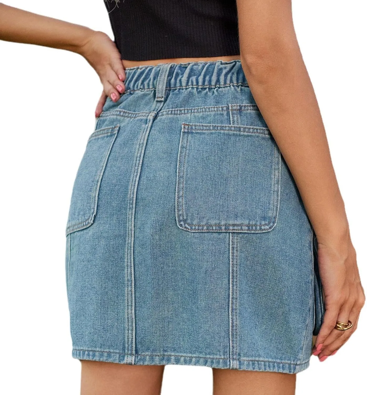 HGps8w Women's Summer Mini Denim Skirt Elastic High Waisted Short Cargo Skirts Teen Girls Y2K Jean Skirt with Pockets
