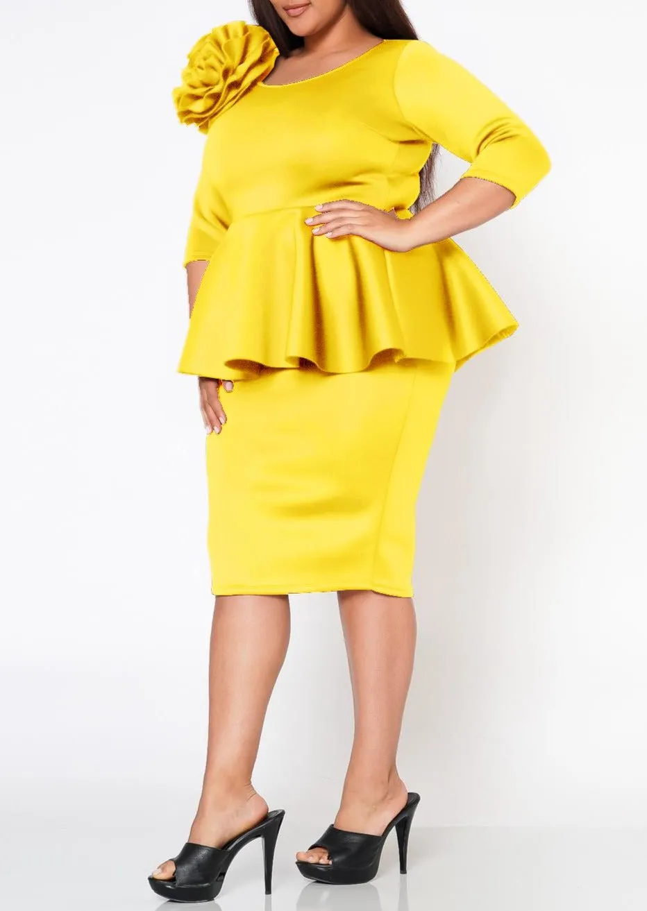 Hi Curvy Plus Size Blossomed Floral Ascent Peplum Dress Made In USA