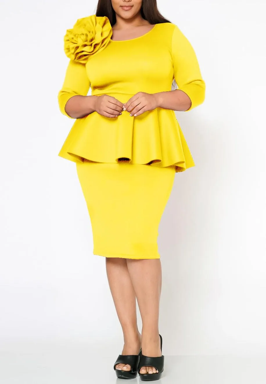 Hi Curvy Plus Size Blossomed Floral Ascent Peplum Dress Made In USA