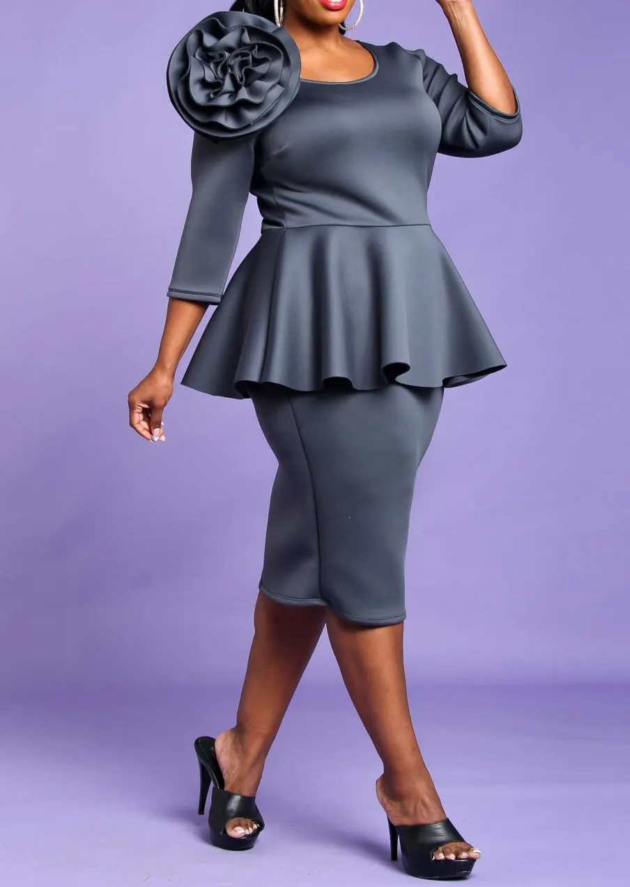 Hi Curvy Plus Size Blossomed Floral Ascent Peplum Dress Made In USA