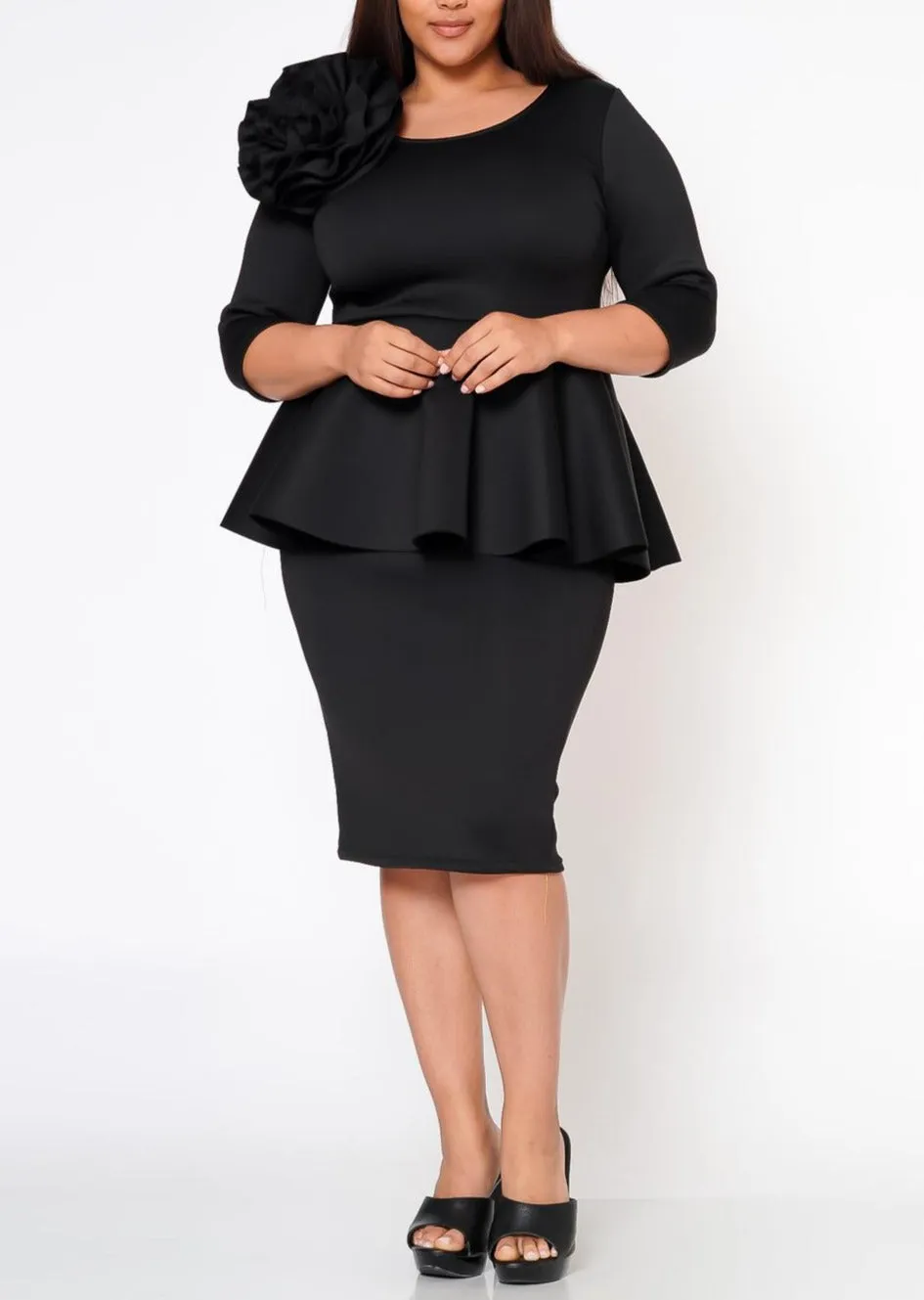 Hi Curvy Plus Size Blossomed Floral Ascent Peplum Dress Made In USA