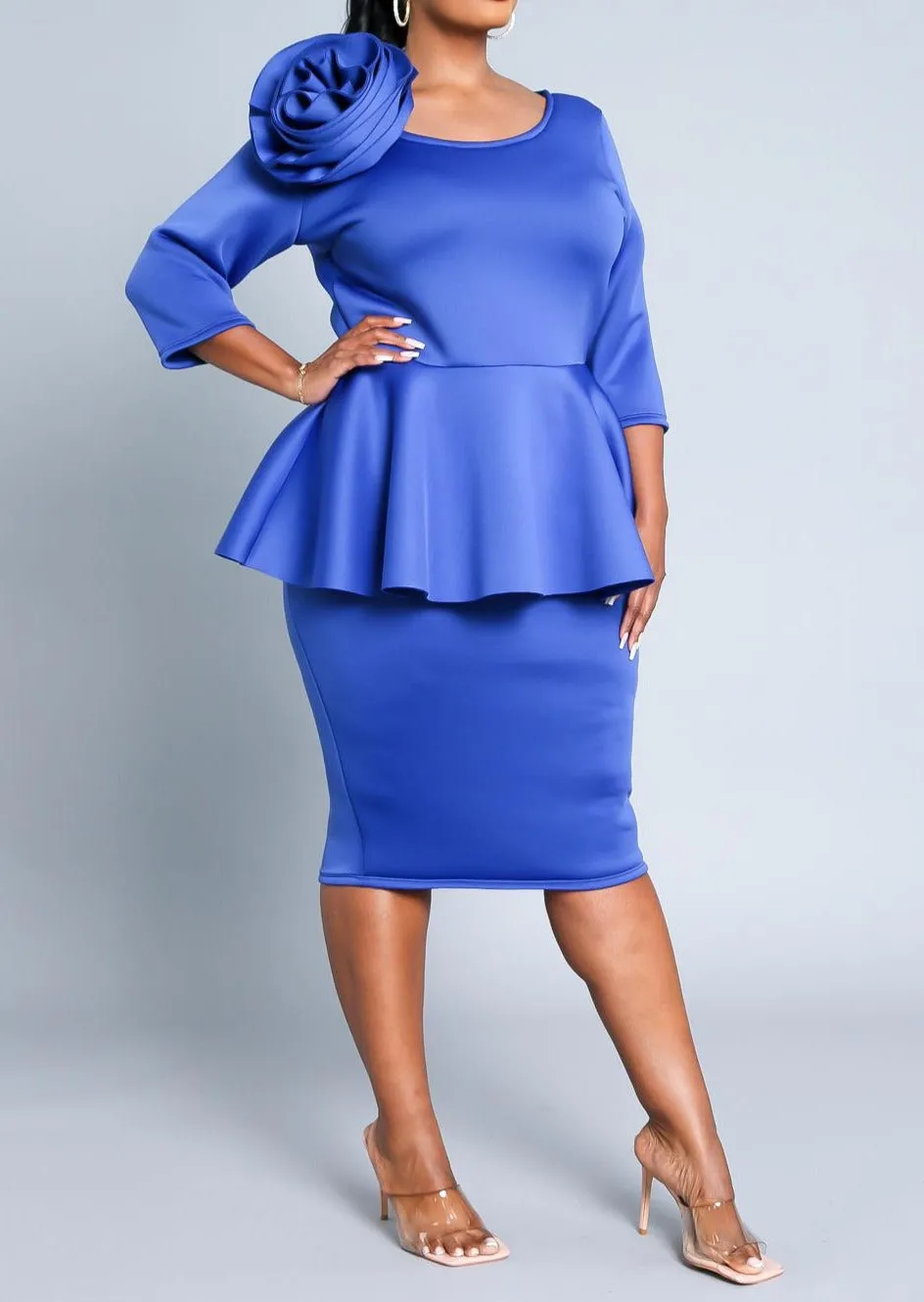 Hi Curvy Plus Size Blossomed Floral Ascent Peplum Dress Made In USA