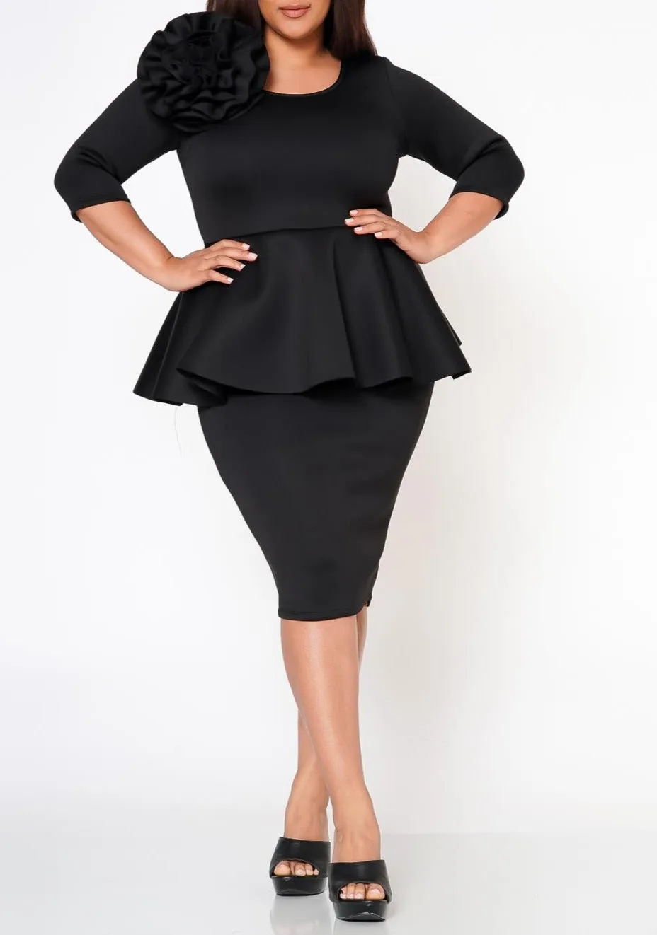 Hi Curvy Plus Size Blossomed Floral Ascent Peplum Dress Made In USA
