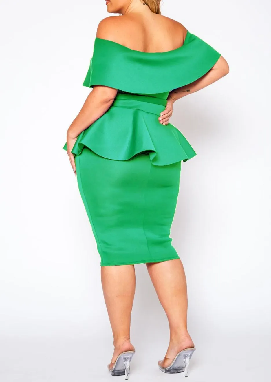 HI Curvy Plus Size Women Off Shoulder Peplum Midi Dress