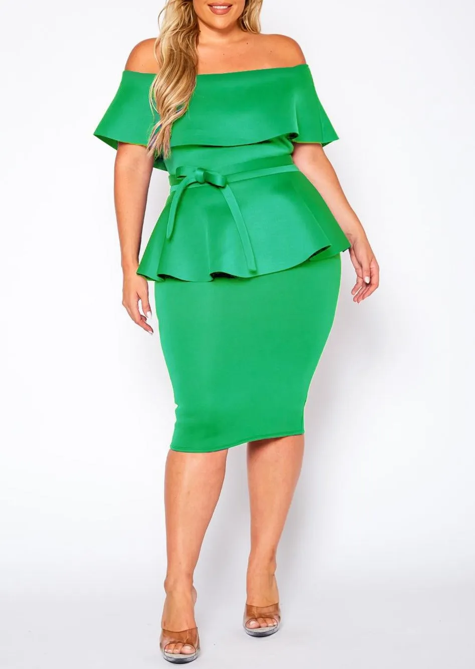 HI Curvy Plus Size Women Off Shoulder Peplum Midi Dress