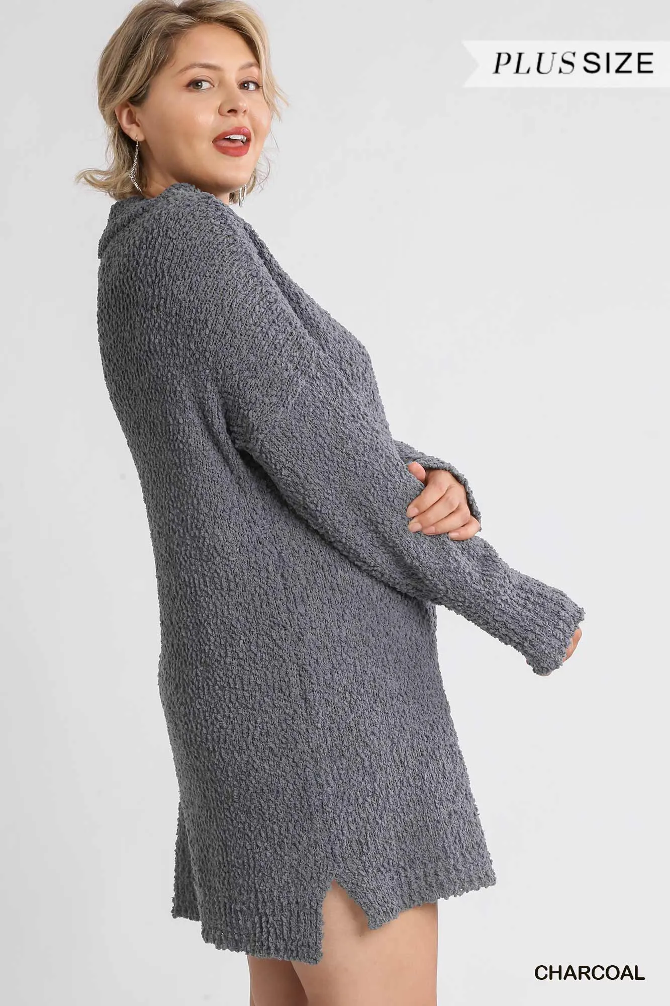 High Cowl Neck Bouclé Long Sleeve Sweater Dress in Charcoal
