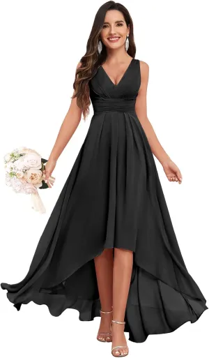 High Low Bridesmaid Dresses for Women Wedding V Neck Chiffon Ruched Evening Formal Dress with Pockets
