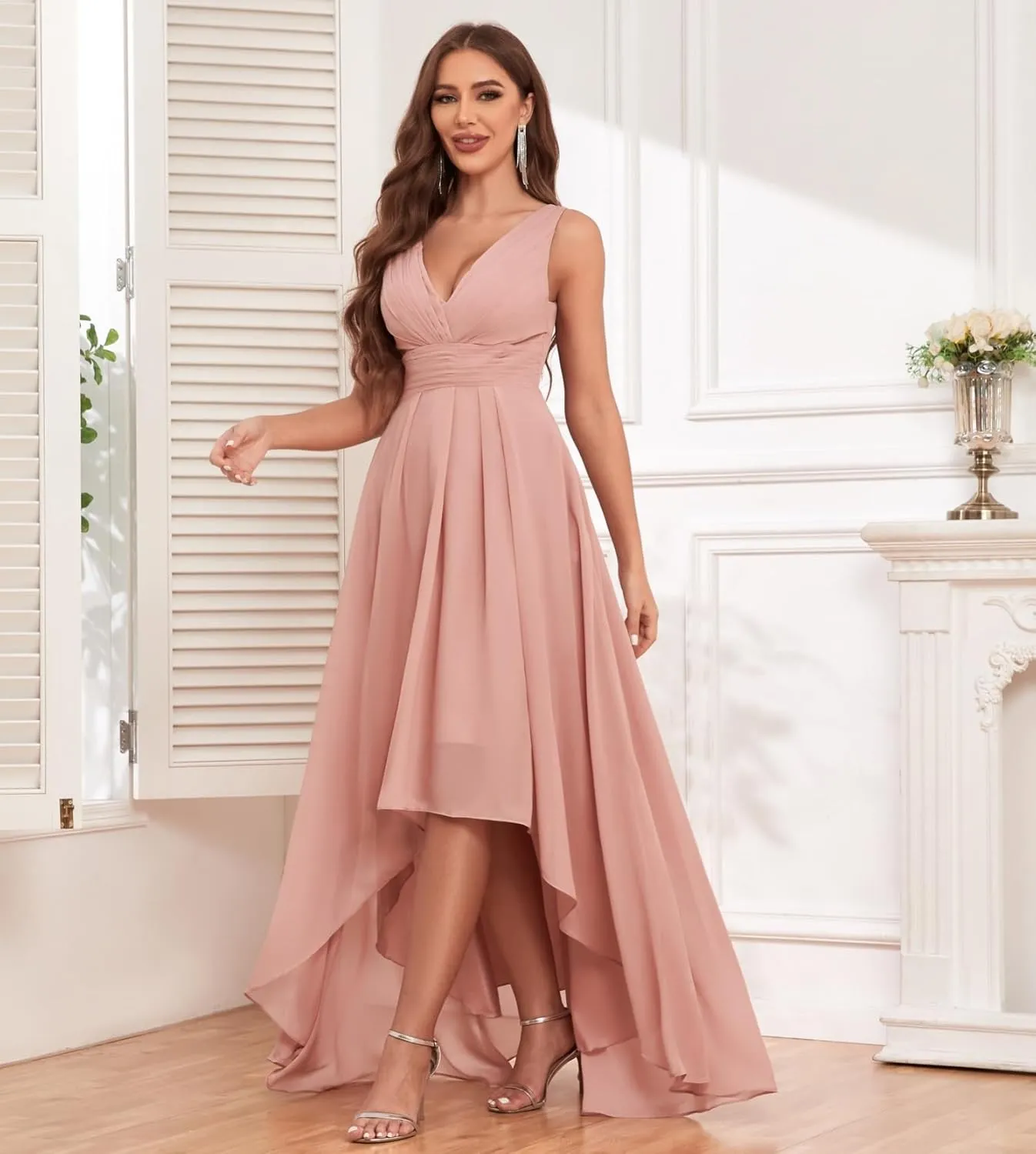 High Low Bridesmaid Dresses for Women Wedding V Neck Chiffon Ruched Evening Formal Dress with Pockets