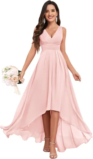 High Low Bridesmaid Dresses for Women Wedding V Neck Chiffon Ruched Evening Formal Dress with Pockets