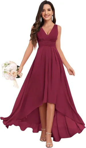 High Low Bridesmaid Dresses for Women Wedding V Neck Chiffon Ruched Evening Formal Dress with Pockets