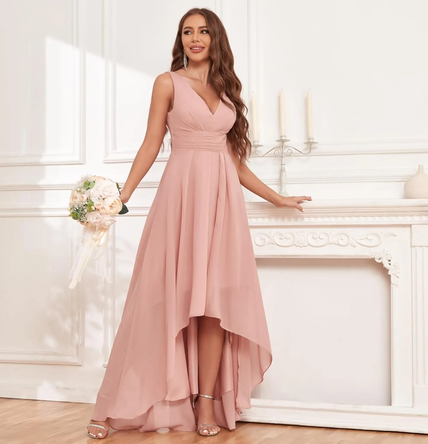 High Low Bridesmaid Dresses for Women Wedding V Neck Chiffon Ruched Evening Formal Dress with Pockets