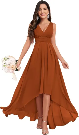 High Low Bridesmaid Dresses for Women Wedding V Neck Chiffon Ruched Evening Formal Dress with Pockets