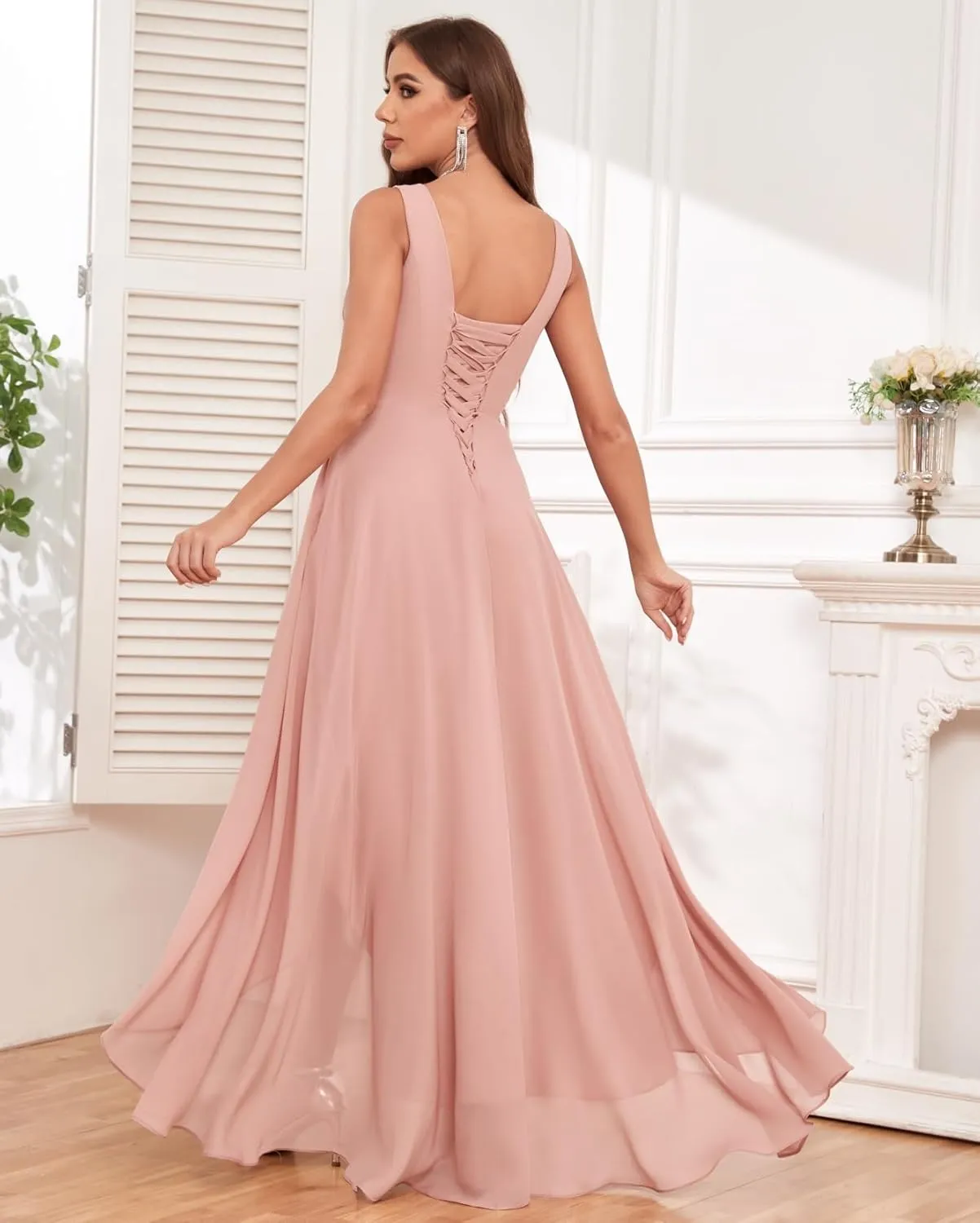 High Low Bridesmaid Dresses for Women Wedding V Neck Chiffon Ruched Evening Formal Dress with Pockets