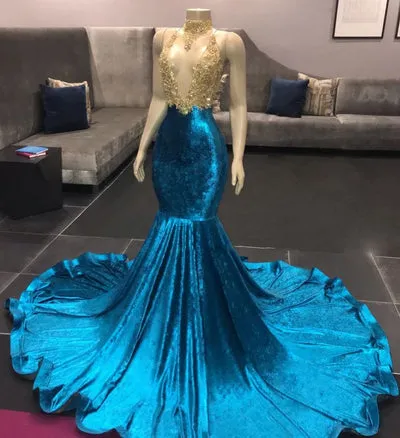 HIGH NECK ILLUSION NECKLINE SLEEVELESS LONG TRAIN APPLIQUES MERMAID PROM DRESS SA117