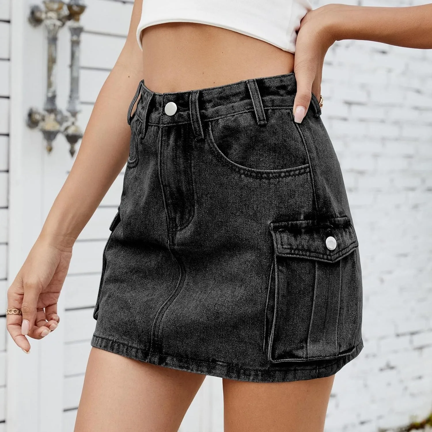 High Stretchy Cargo Skirt for Women, Low Waist Y2k Mini Skirts Cute Denim Skirt with Pockets Casual Cowboy Skirts