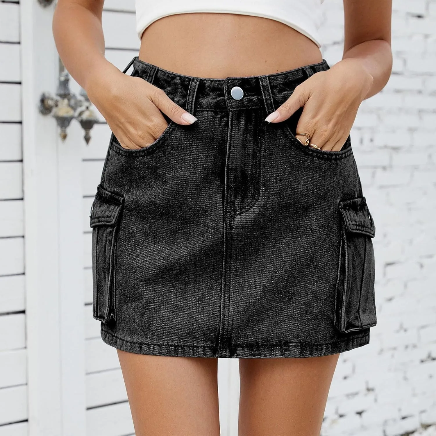 High Stretchy Cargo Skirt for Women, Low Waist Y2k Mini Skirts Cute Denim Skirt with Pockets Casual Cowboy Skirts