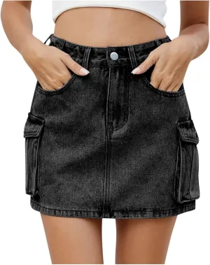 High Stretchy Cargo Skirt for Women, Low Waist Y2k Mini Skirts Cute Denim Skirt with Pockets Casual Cowboy Skirts