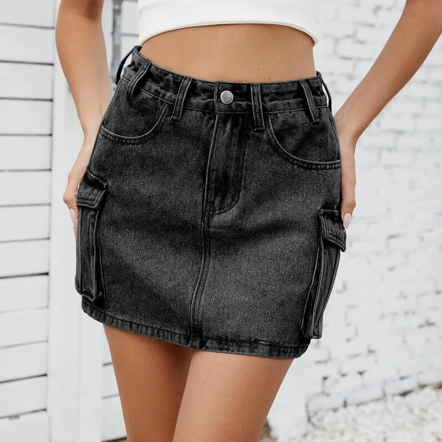 High Stretchy Cargo Skirt for Women, Low Waist Y2k Mini Skirts Cute Denim Skirt with Pockets Casual Cowboy Skirts