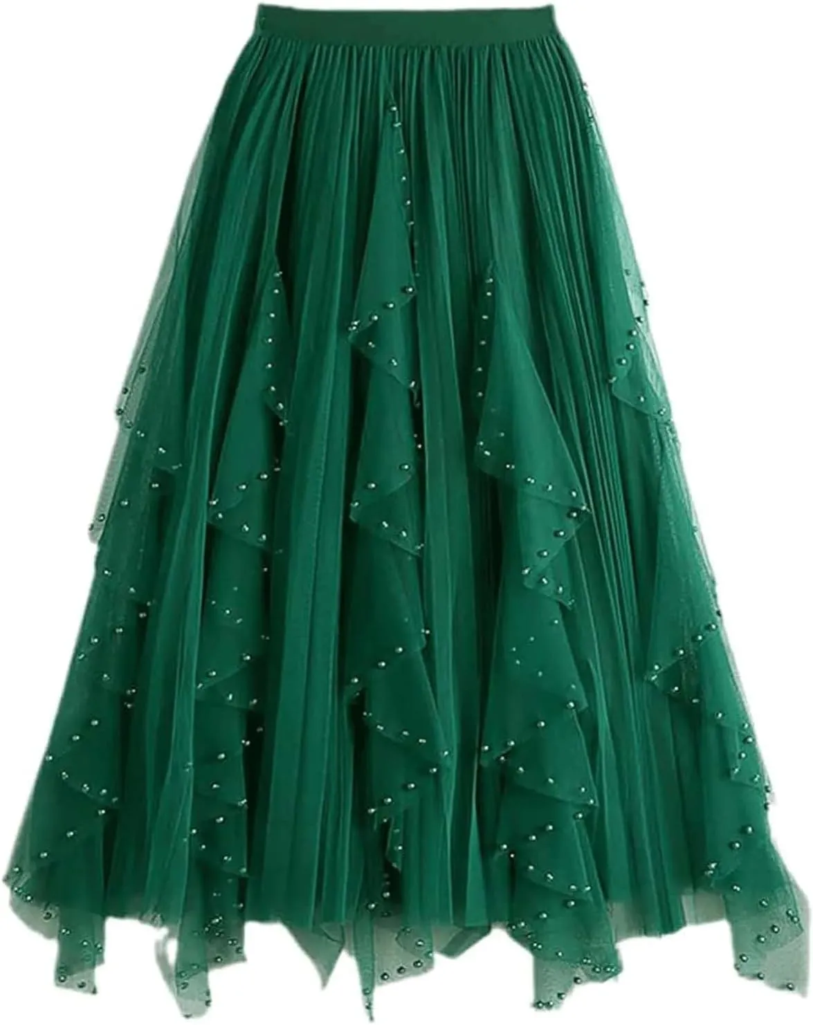 High Waist Tulle Skirt Casual Wavy Ruffle Skirts Women's Pleated Midi Skirt Tulle Skirts for Women Elastic High-Waist Mesh