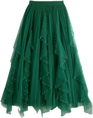 High Waist Tulle Skirt Casual Wavy Ruffle Skirts Women's Pleated Midi Skirt Tulle Skirts for Women Elastic High-Waist Mesh