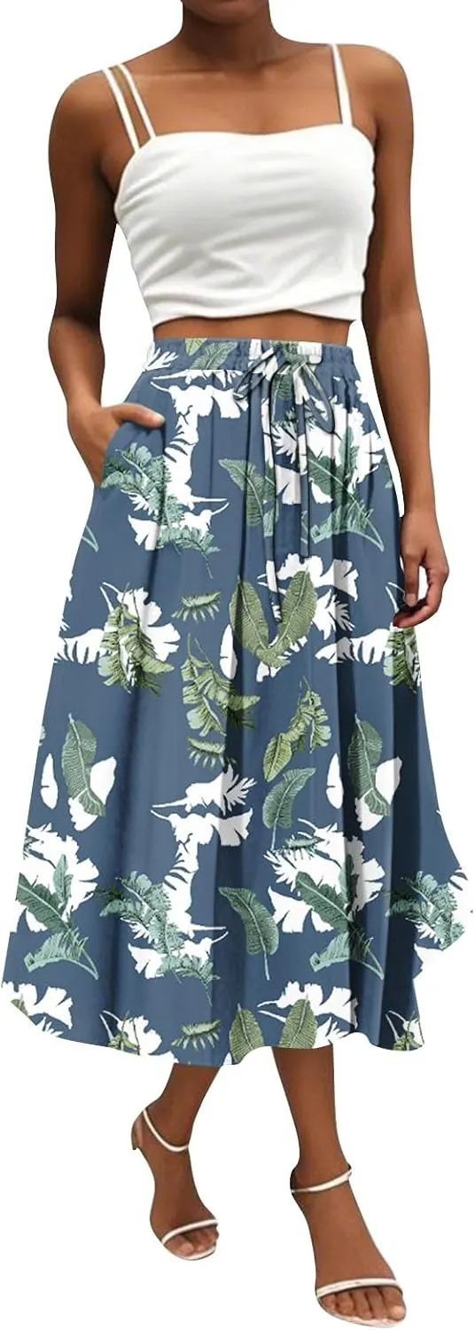 High Waisted Skirts for Women Trendy Elastic Waist Skirts Midi Length Floral 2025 Summer Boho Skirt with Pockets