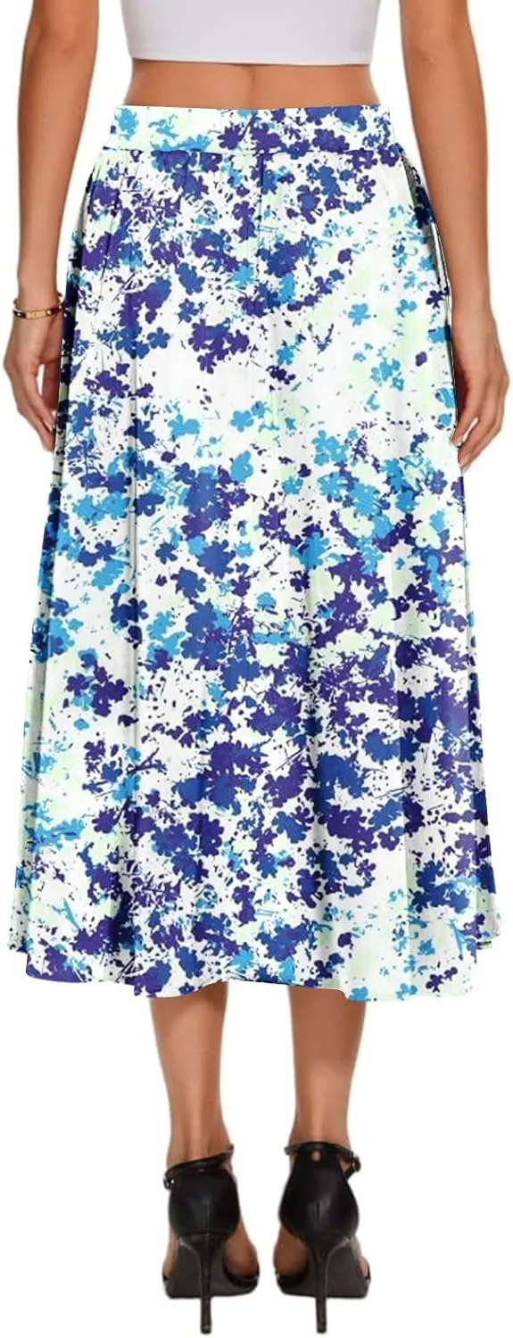 High Waisted Skirts for Women Trendy Elastic Waist Skirts Midi Length Floral 2025 Summer Boho Skirt with Pockets