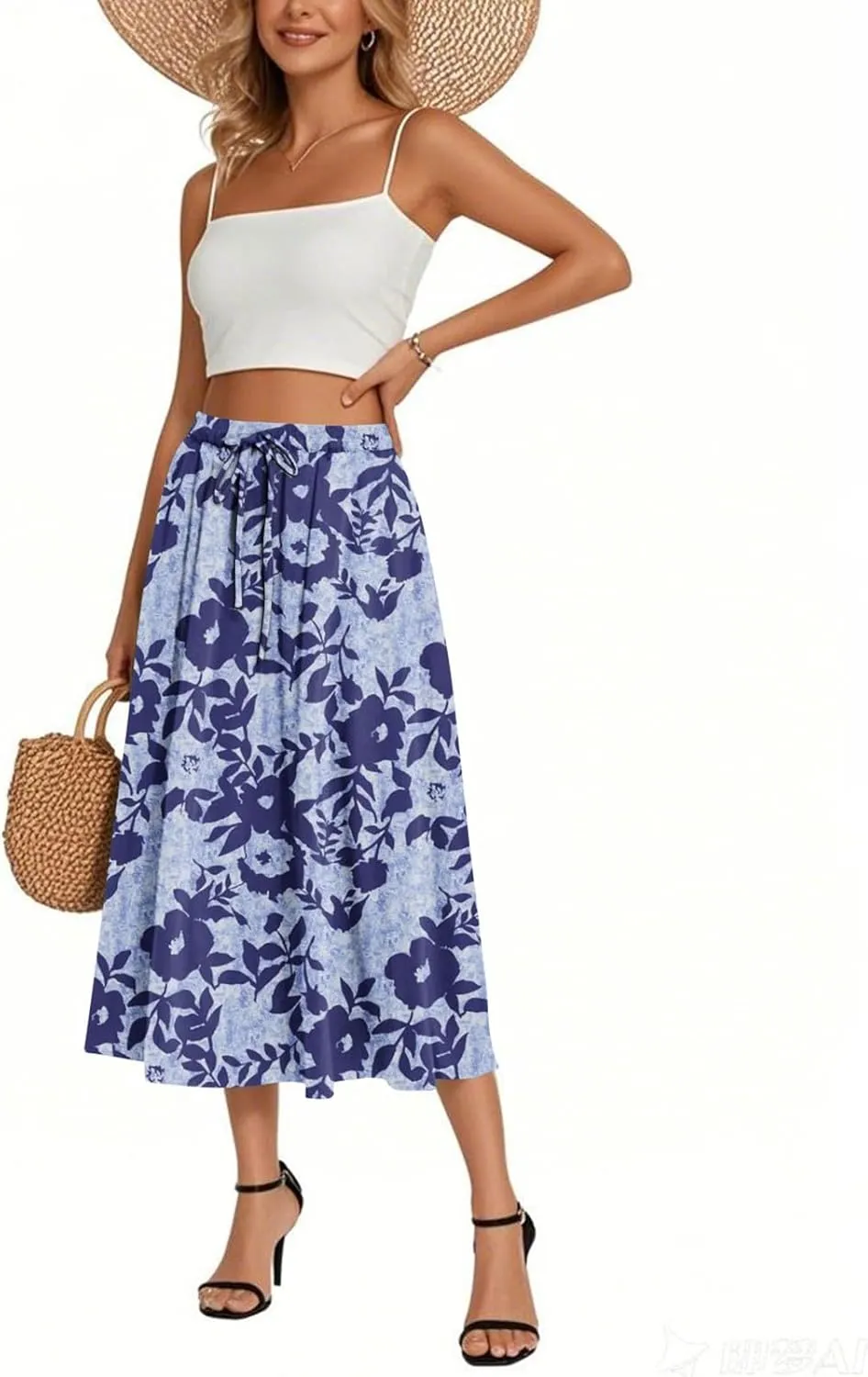 High Waisted Skirts for Women Trendy Elastic Waist Skirts Midi Length Floral 2025 Summer Boho Skirt with Pockets