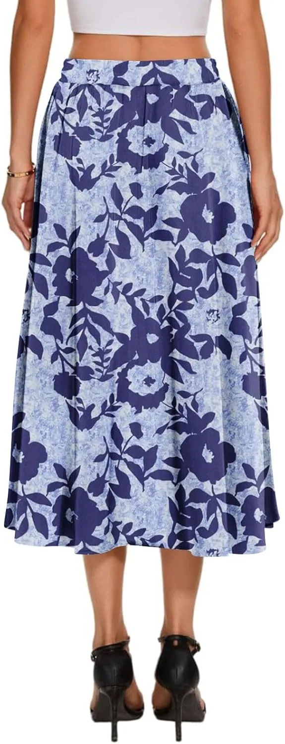 High Waisted Skirts for Women Trendy Elastic Waist Skirts Midi Length Floral 2025 Summer Boho Skirt with Pockets