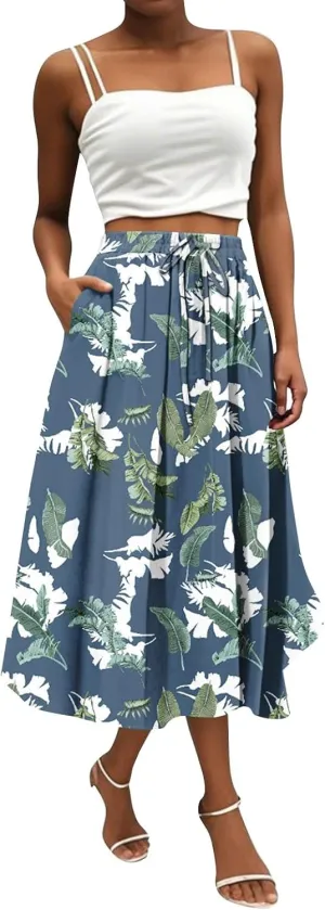 High Waisted Skirts for Women Trendy Elastic Waist Skirts Midi Length Floral 2025 Summer Boho Skirt with Pockets
