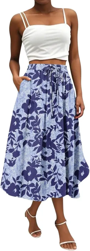 High Waisted Skirts for Women Trendy Elastic Waist Skirts Midi Length Floral 2025 Summer Boho Skirt with Pockets