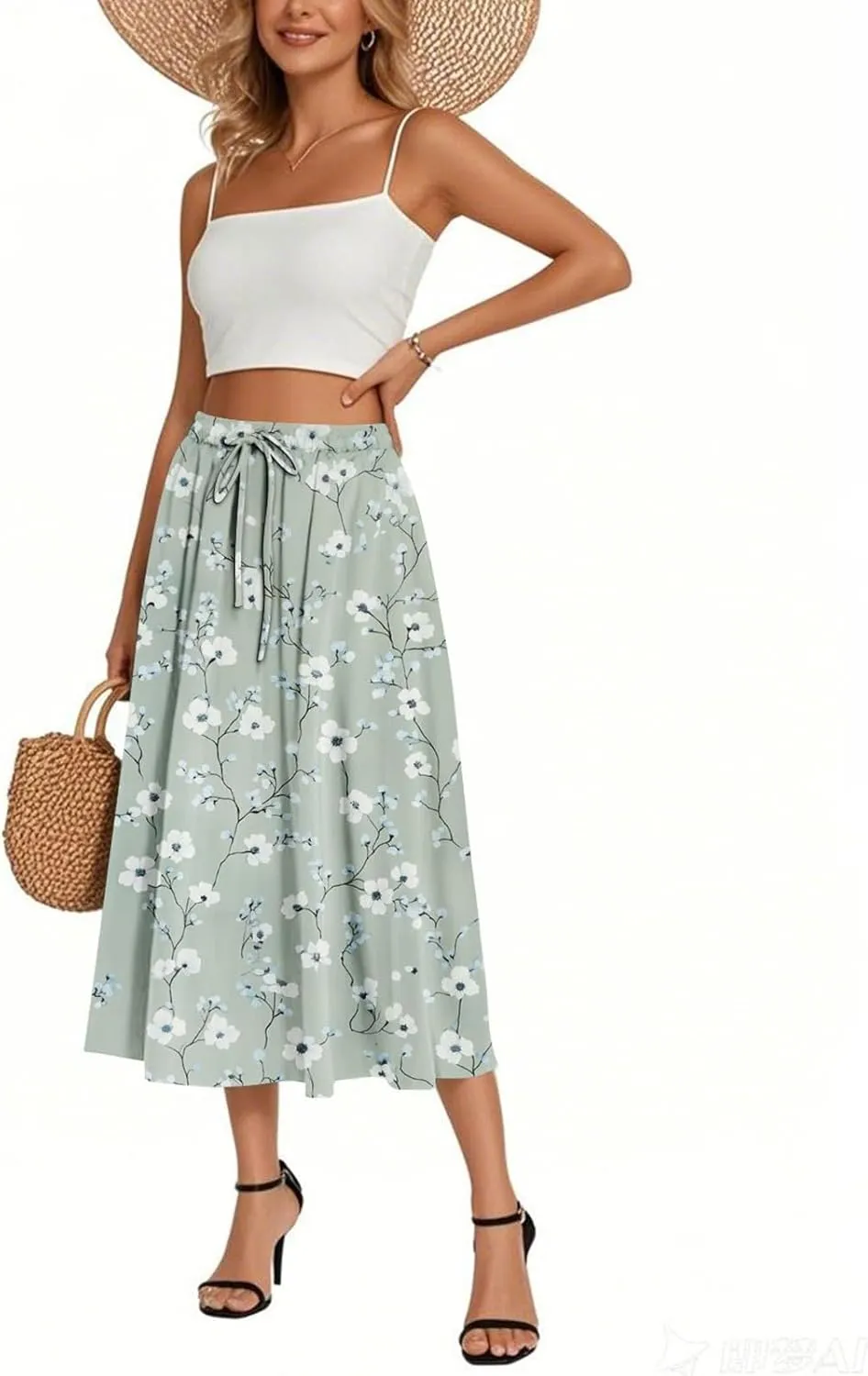 High Waisted Skirts for Women Trendy Elastic Waist Skirts Midi Length Floral 2025 Summer Boho Skirt with Pockets