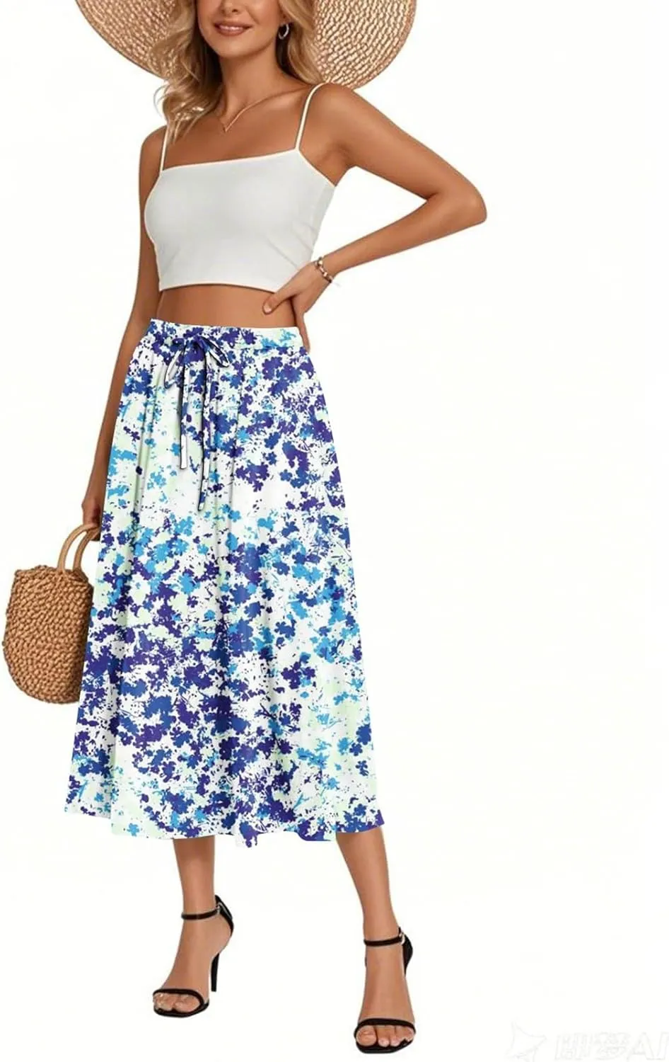 High Waisted Skirts for Women Trendy Elastic Waist Skirts Midi Length Floral 2025 Summer Boho Skirt with Pockets