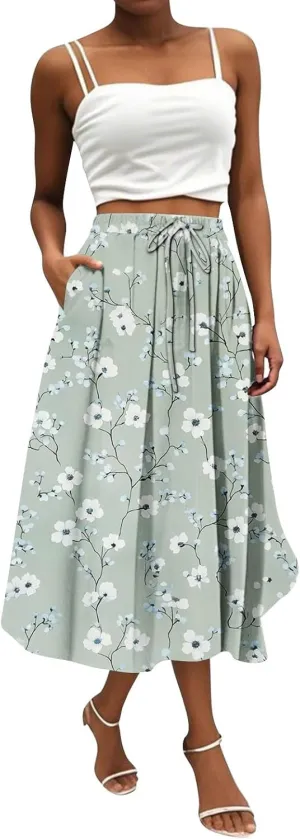 High Waisted Skirts for Women Trendy Elastic Waist Skirts Midi Length Floral 2025 Summer Boho Skirt with Pockets