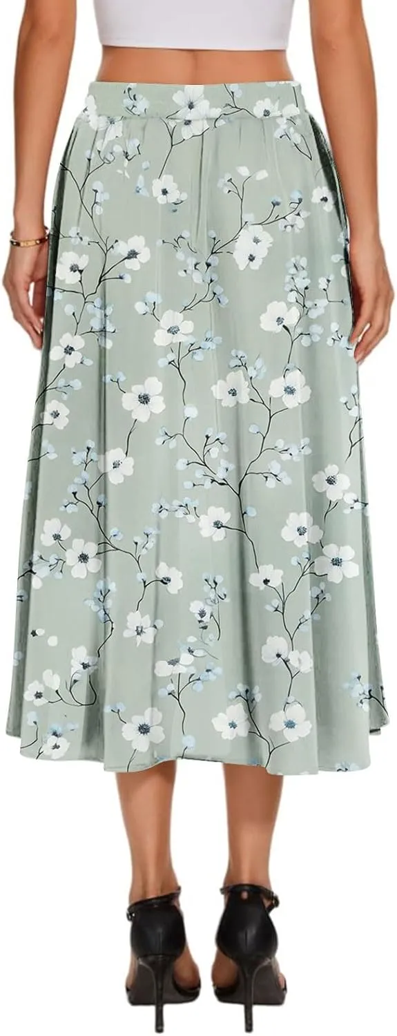 High Waisted Skirts for Women Trendy Elastic Waist Skirts Midi Length Floral 2025 Summer Boho Skirt with Pockets