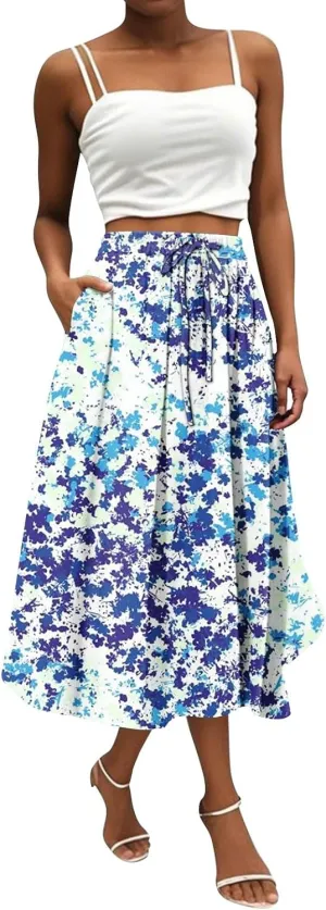 High Waisted Skirts for Women Trendy Elastic Waist Skirts Midi Length Floral 2025 Summer Boho Skirt with Pockets