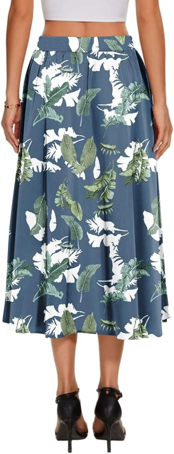 High Waisted Skirts for Women Trendy Elastic Waist Skirts Midi Length Floral 2025 Summer Boho Skirt with Pockets