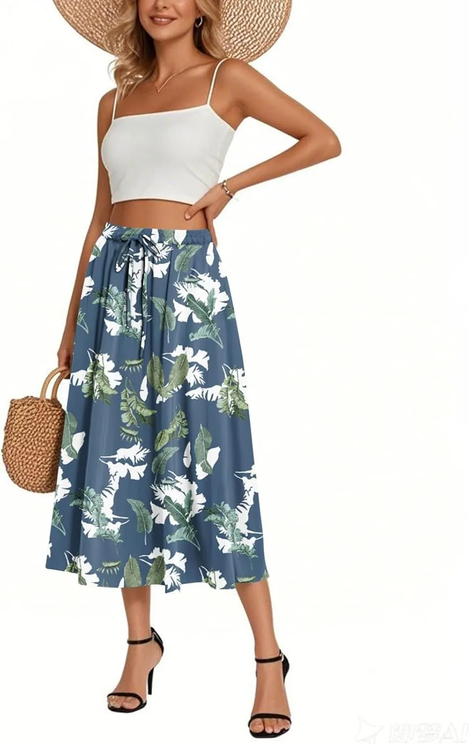 High Waisted Skirts for Women Trendy Elastic Waist Skirts Midi Length Floral 2025 Summer Boho Skirt with Pockets