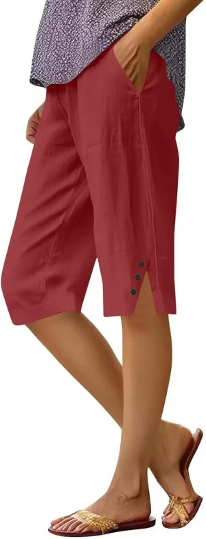 Hiking Pants Women Casual Comfy Fit Side Slit Summer Beach Lightweight Bermuda Shorts Breathable Linen Capri Pants