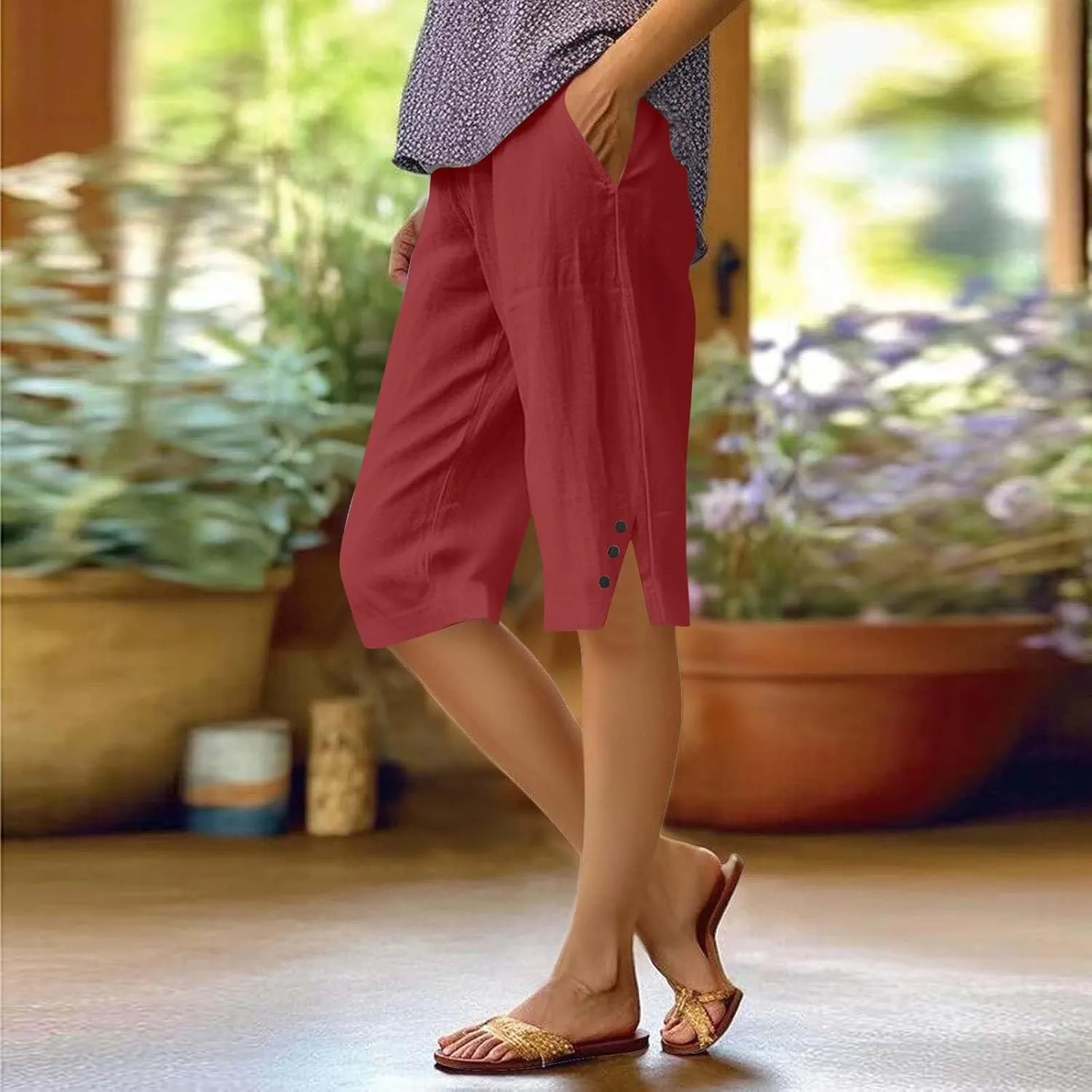 Hiking Pants Women Casual Comfy Fit Side Slit Summer Beach Lightweight Bermuda Shorts Breathable Linen Capri Pants