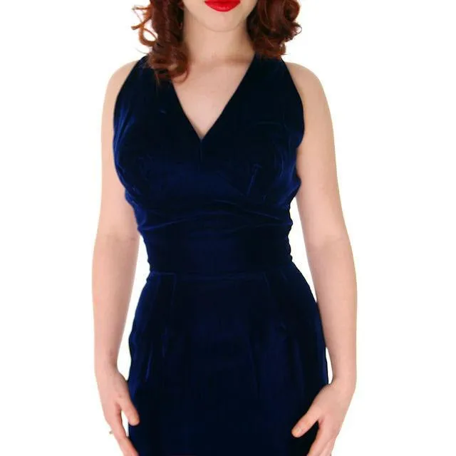Hot Vintage Bombshell Cocktail Dress Deep Blue Velvet Halter Neckline  Miss Jane 1950s 34-23-35