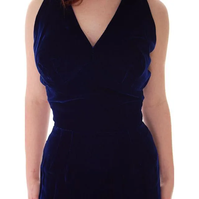 Hot Vintage Bombshell Cocktail Dress Deep Blue Velvet Halter Neckline  Miss Jane 1950s 34-23-35