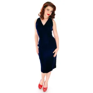 Hot Vintage Bombshell Cocktail Dress Deep Blue Velvet Halter Neckline  Miss Jane 1950s 34-23-35