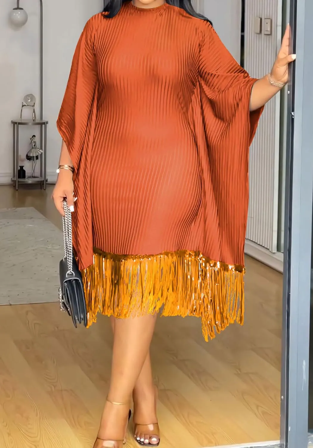 HuiSiFang Women's Casual Fringe Dress Sequin Pleated Tassel Batwing Dress Long Sleeve Plus Size Midi Dresses