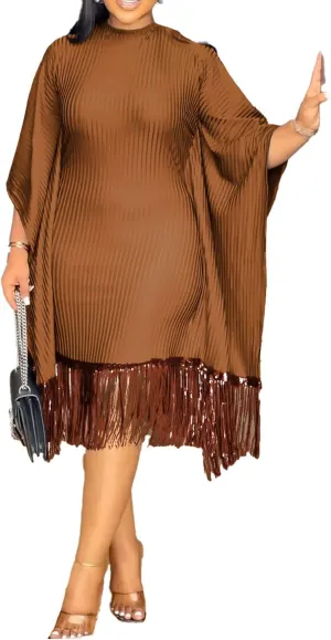 HuiSiFang Women's Casual Fringe Dress Sequin Pleated Tassel Batwing Dress Long Sleeve Plus Size Midi Dresses