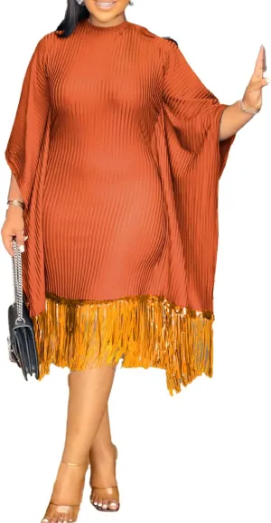 HuiSiFang Women's Casual Fringe Dress Sequin Pleated Tassel Batwing Dress Long Sleeve Plus Size Midi Dresses