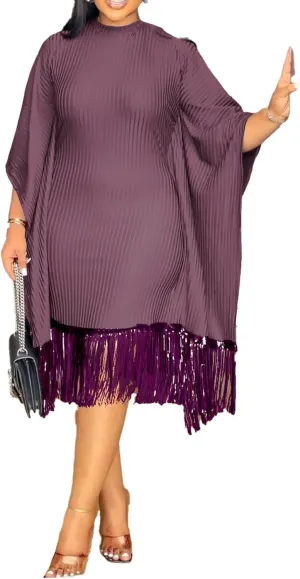 HuiSiFang Women's Casual Fringe Dress Sequin Pleated Tassel Batwing Dress Long Sleeve Plus Size Midi Dresses