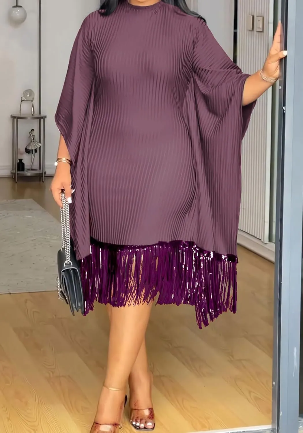 HuiSiFang Women's Casual Fringe Dress Sequin Pleated Tassel Batwing Dress Long Sleeve Plus Size Midi Dresses