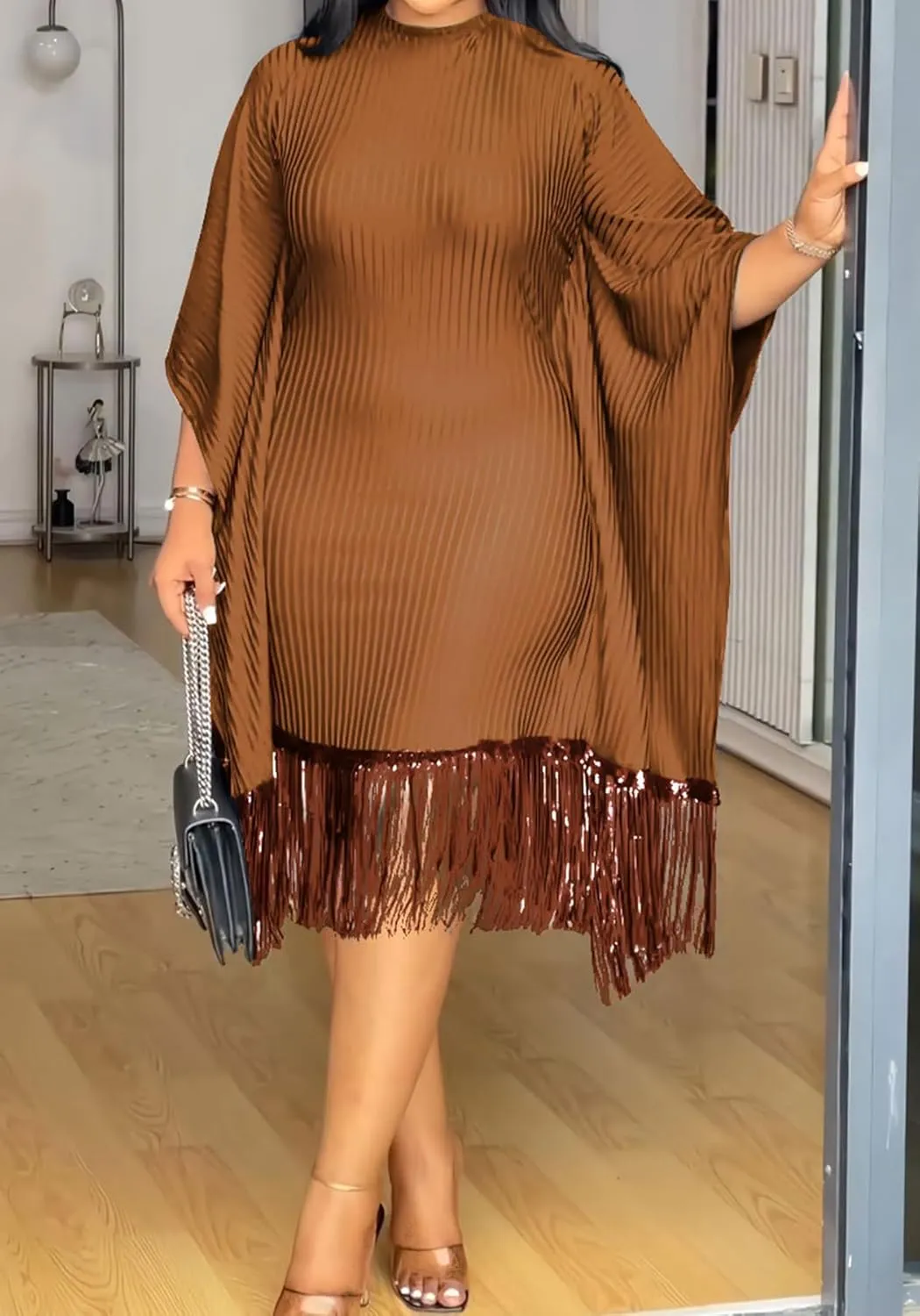 HuiSiFang Women's Casual Fringe Dress Sequin Pleated Tassel Batwing Dress Long Sleeve Plus Size Midi Dresses