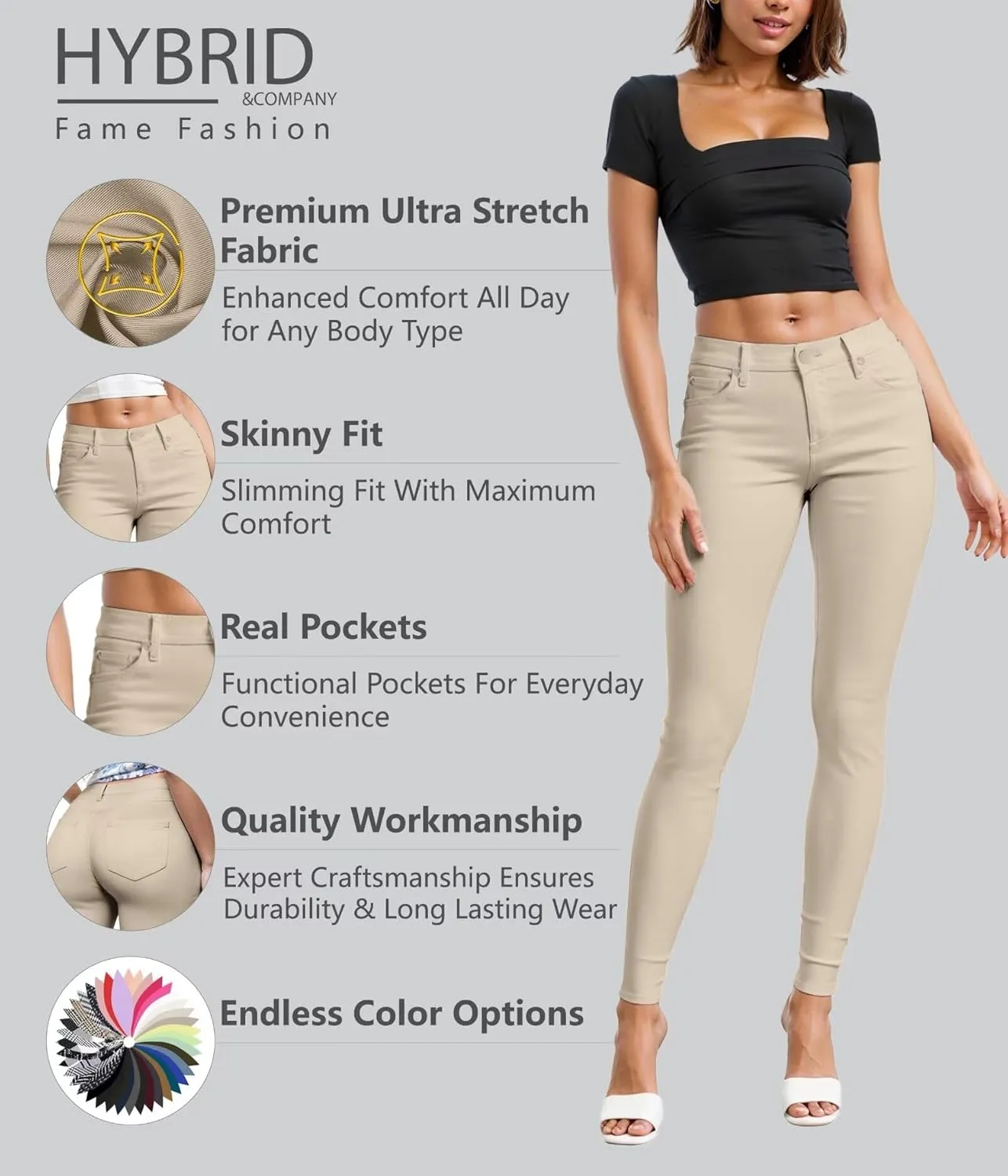 Hybrid & Company Womens Hyper Ultra Stretch Comfy Skinny Leg Work Casual Pants