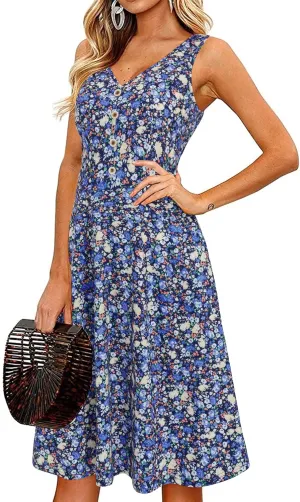 II ININ Women's 2025 Sundresses Casual Summer Tank Dress V Neck Sleeveless Button Down Midi Floral Beach Dress with Pockets